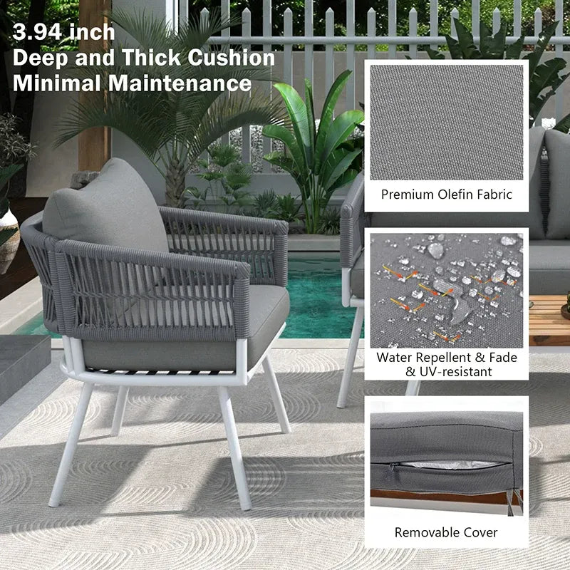 4-Piece Grey Woven Rope Outdoor Lounge Set with Acacia Wood Coffee Table