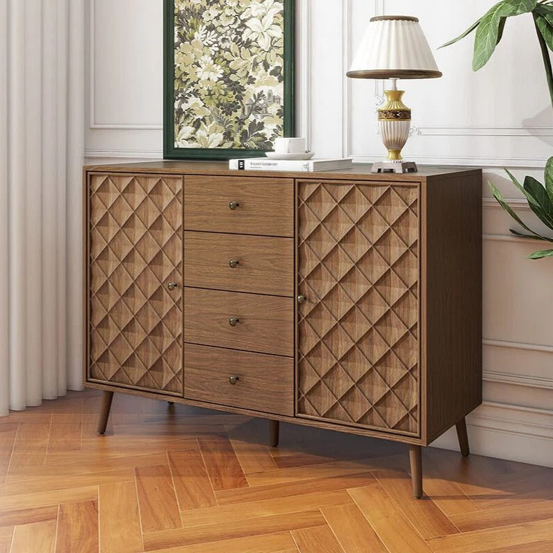 Four-Drawer Walnut Cabinet with Diamond Relief Doors & 2 Doors