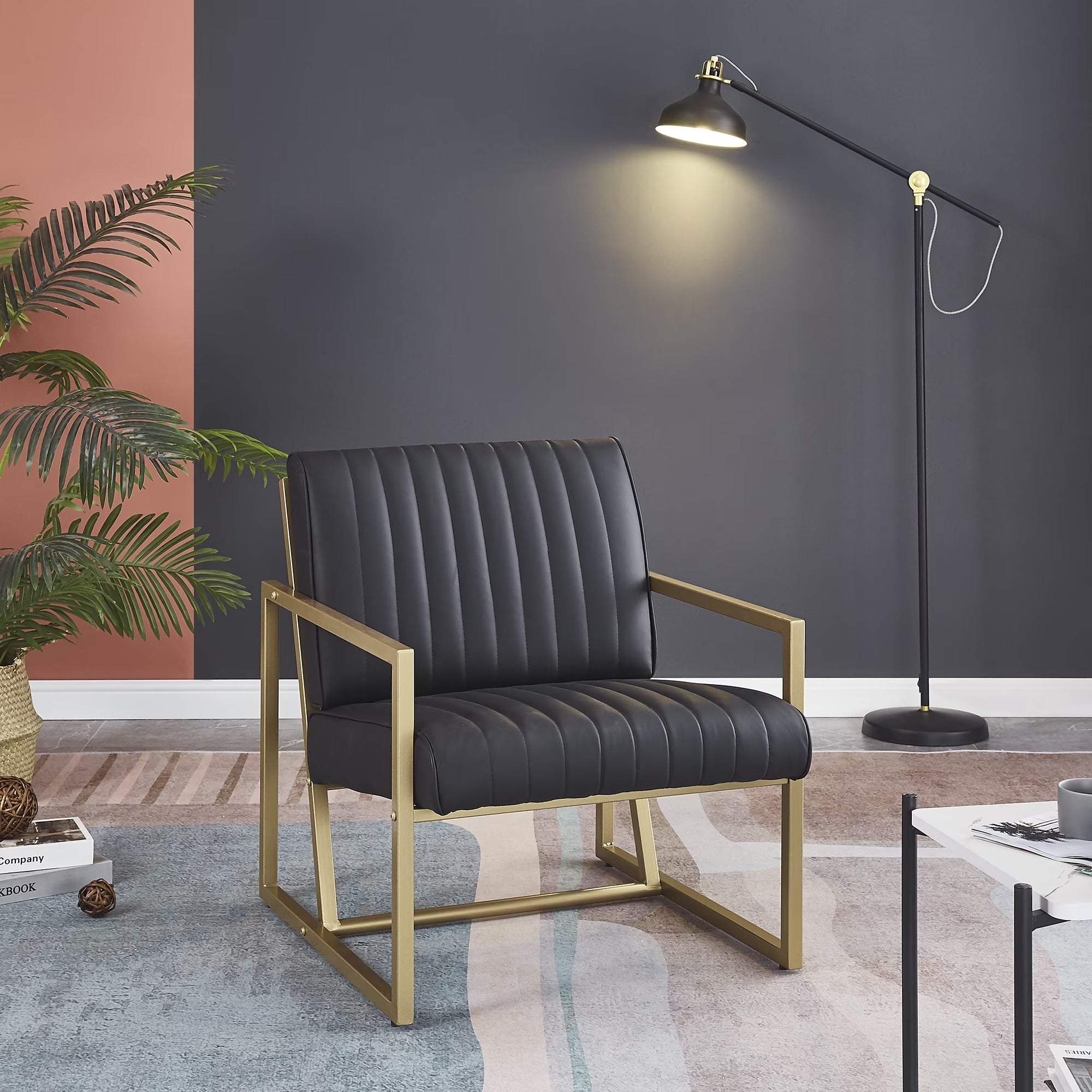 Modern Black Faux Leather Arm Chair with Gold Steel Frame