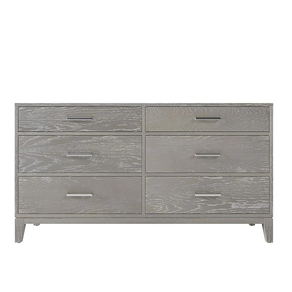 Six-Drawer Gray Wood Dresser with Tapered Legs and Pine Grain Veneer