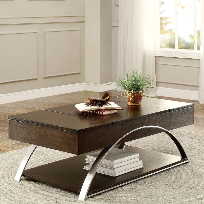 Table basse moderne expresso à plateau relevable avec rangement et structure en métal