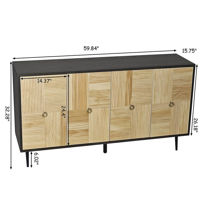 Four-Door Black Cabinet with Carved Pine Door Panels & Iron Hardware
