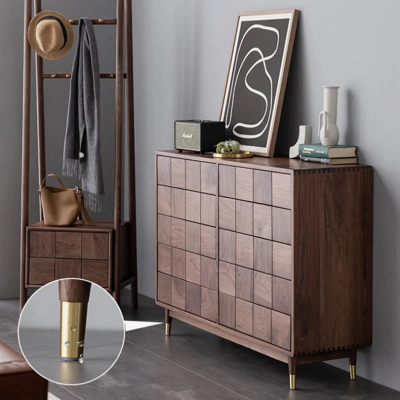 Solid Walnut 10-Drawer Dresser with Geometric Tile Front & Gold-Tone Legs