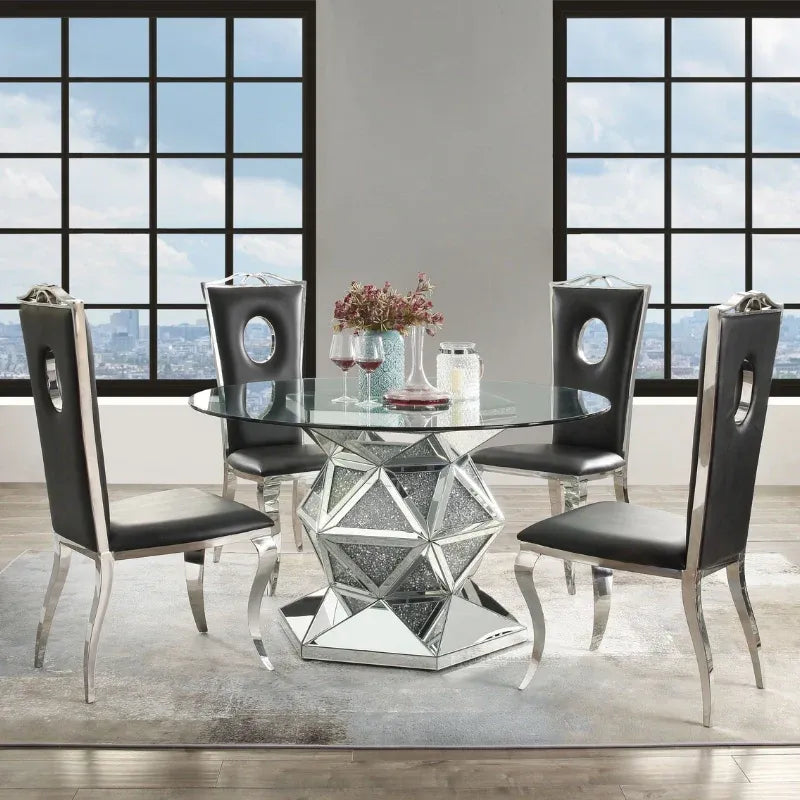 Runder Esstisch aus Acrylglas mit Diamantakzenten und verspiegeltem Sockel