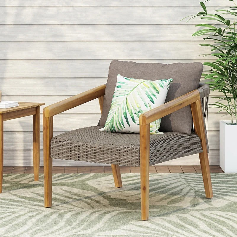 28" Grey Outdoor Club Chair with Acacia Wood Frame, PE Rattan Weave & Cushion