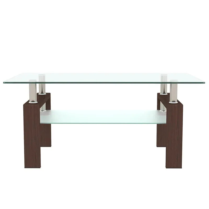 39" Walnut & Glass Rectangular Coffee Table with Lower Shelf