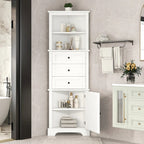 Tall White Bathroom Corner Cabinet with 3 Drawers & Adjustable Shelves