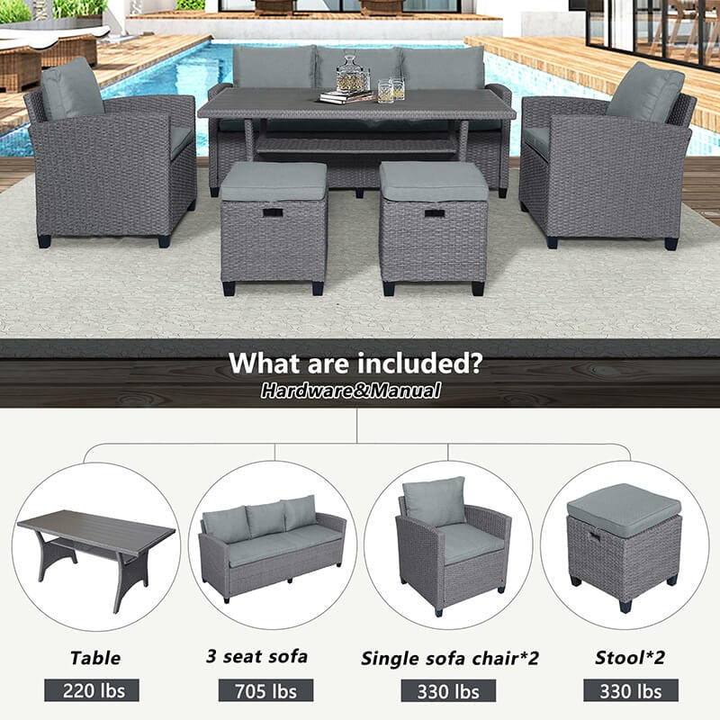 6-Piece Gray Rattan Outdoor Patio Dining Set with Cushions