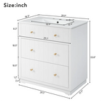 18" White Freestanding Bathroom Vanity with Ceramic Sink, Two Drawers & Gold Handles
