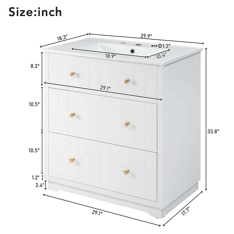 18" White Freestanding Bathroom Vanity with Ceramic Sink, Two Drawers & Gold Handles