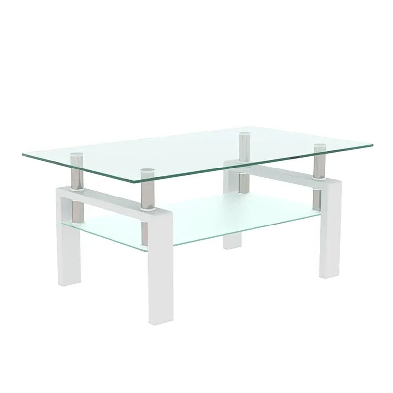 39" White Frosted Glass Rectangular Coffee Table with Lower Shelf
