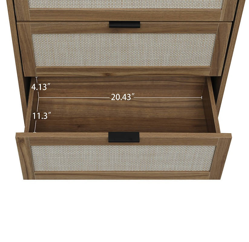 Modern Walnut 3-Drawer Rattan Cabinet with Wood Legs