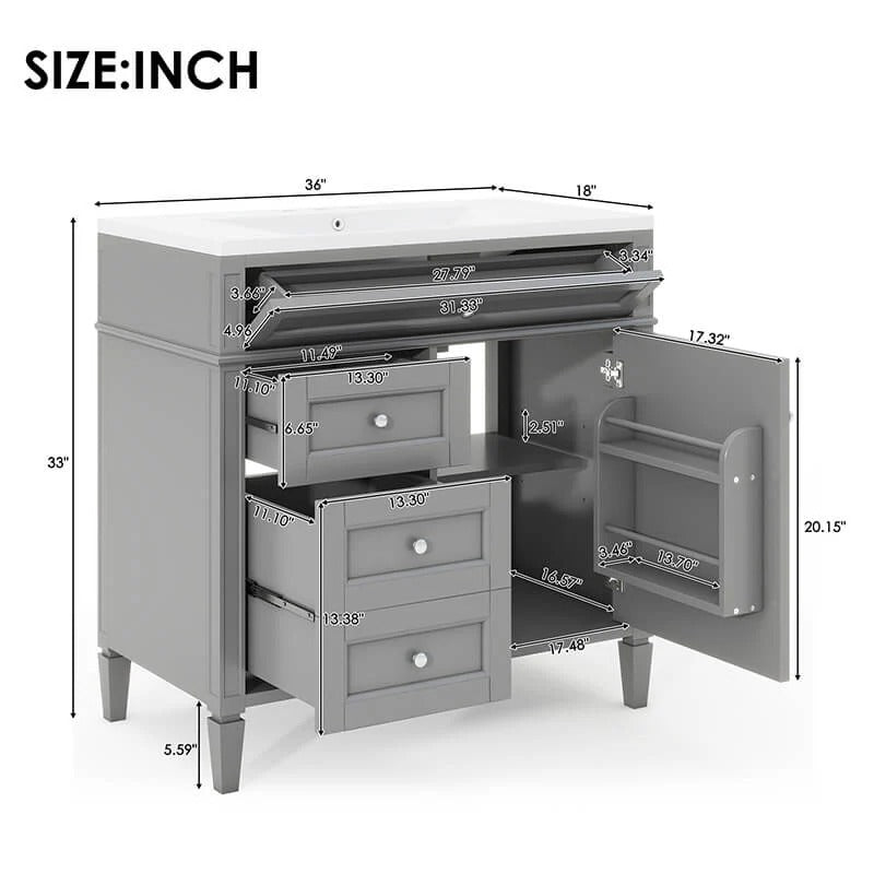 36" Gray Freestanding Bathroom Vanity with Resin Sink & 3 Drawers