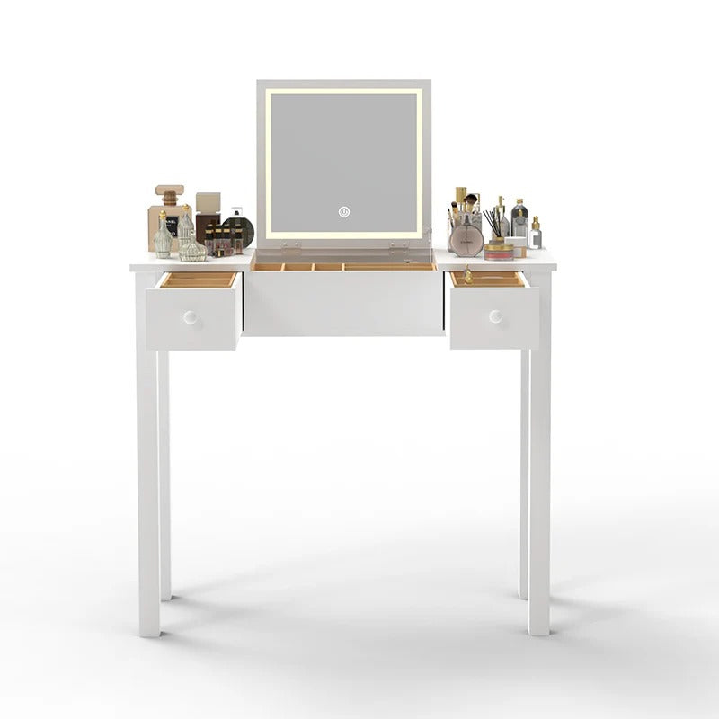 White makeup vanity with LED mirror, drawers, and storage organizers - Elirian