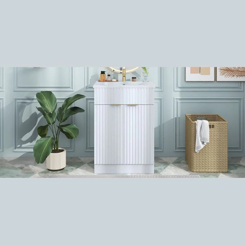 24" White Freestanding Bathroom Vanity with Ceramic Sink, Wavy Doors & Gold Handles