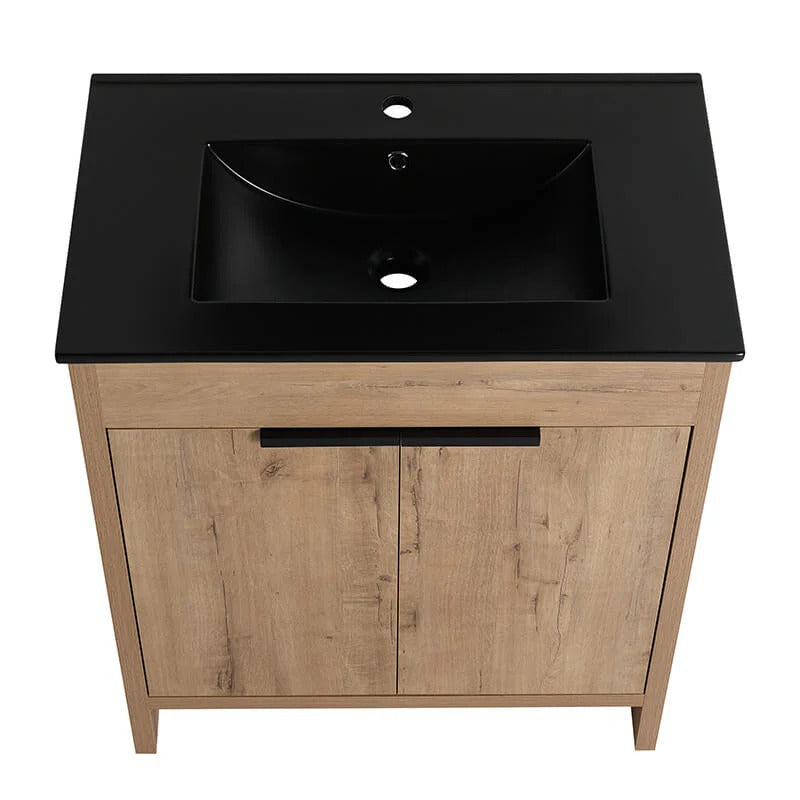 30" Freestanding Oak Bathroom Vanity with Black Ceramic Sink and Soft-Close Doors