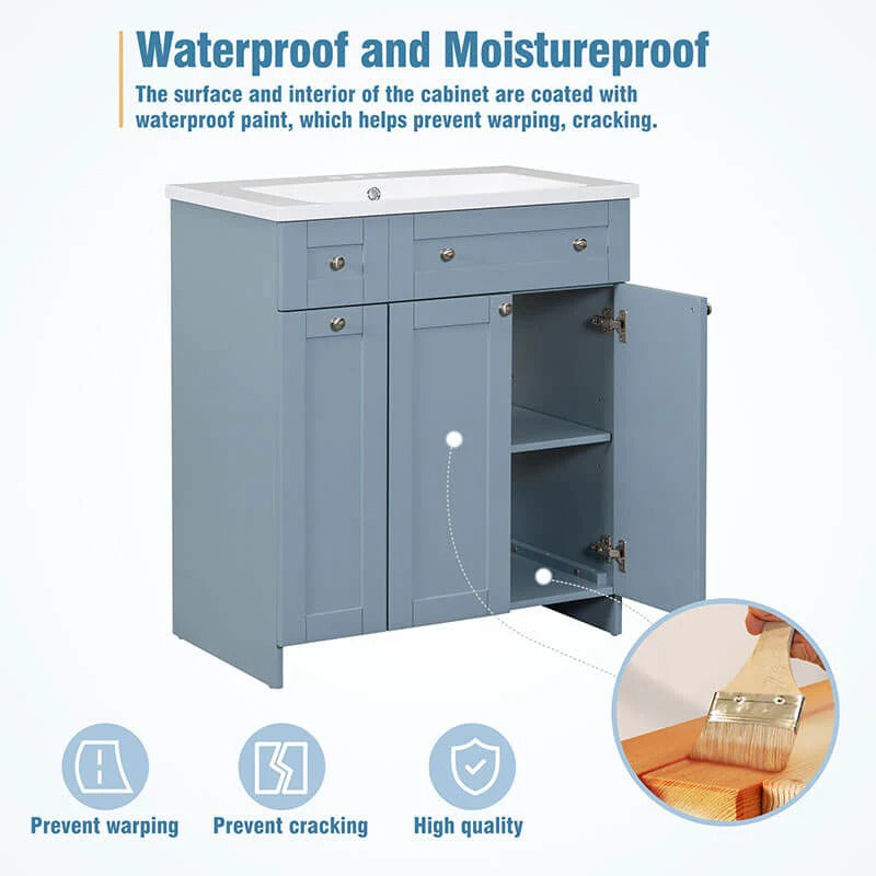 30" Blue Freestanding Bathroom Vanity with Integrated Resin Sink & Soft-Close Doors