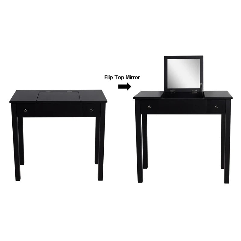 31.5" Black Flip-Top Vanity Table with Hidden Mirror, 2 Drawers & Centre Storage