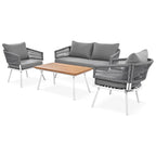 4-Piece Grey Woven Rope Outdoor Lounge Set with Acacia Wood Coffee Table