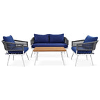 Navy Blue 4-Piece Woven Rope Patio Set with Acacia Wood Coffee Table & Cushions