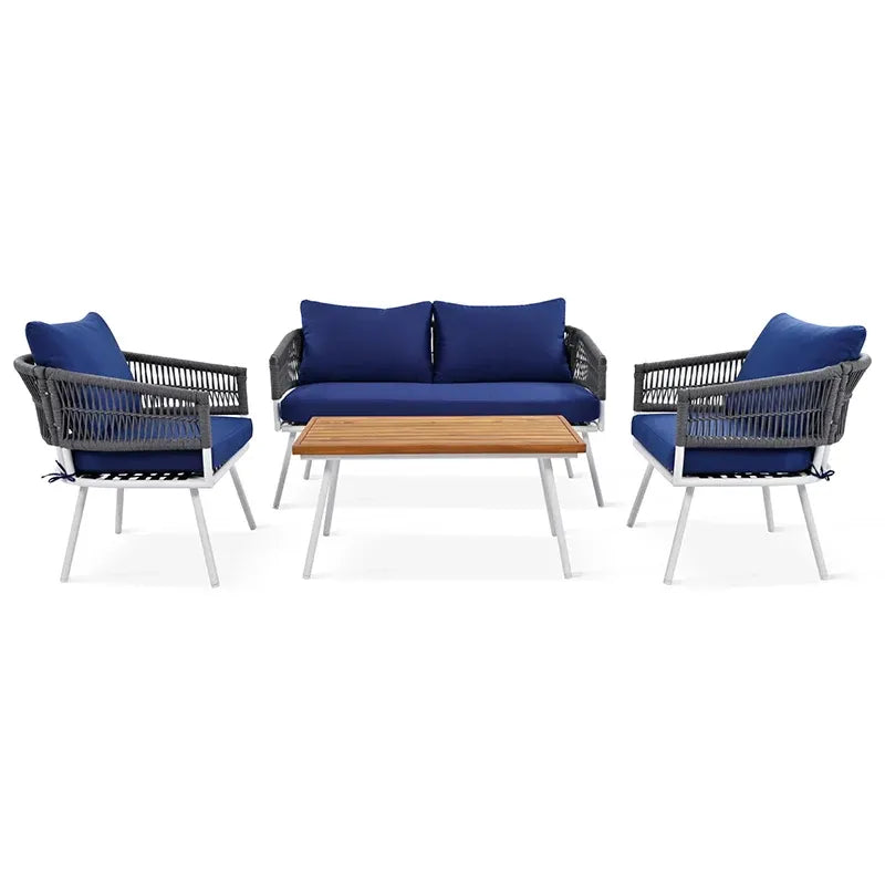 Navy Blue 4-Piece Woven Rope Patio Set with Acacia Wood Coffee Table & Cushions