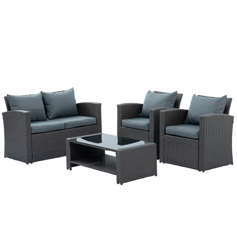 Dark Grey 4-Piece PE Wicker Patio Set with Tempered Glass Coffee Table & Cushions