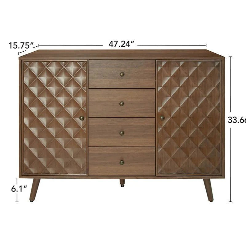 Four-Drawer Walnut Cabinet with Diamond Relief Doors & 2 Doors