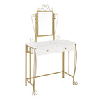 57" White Makeup Vanity Set with Gold Legs, Mirror, 2 Drawers & Stool