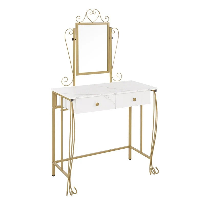 57" White Makeup Vanity Set with Gold Legs, Mirror, 2 Drawers & Stool