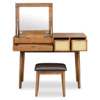 43" Brown Classic Makeup Vanity Set with Flip-Top Mirror & Upholstered Stool