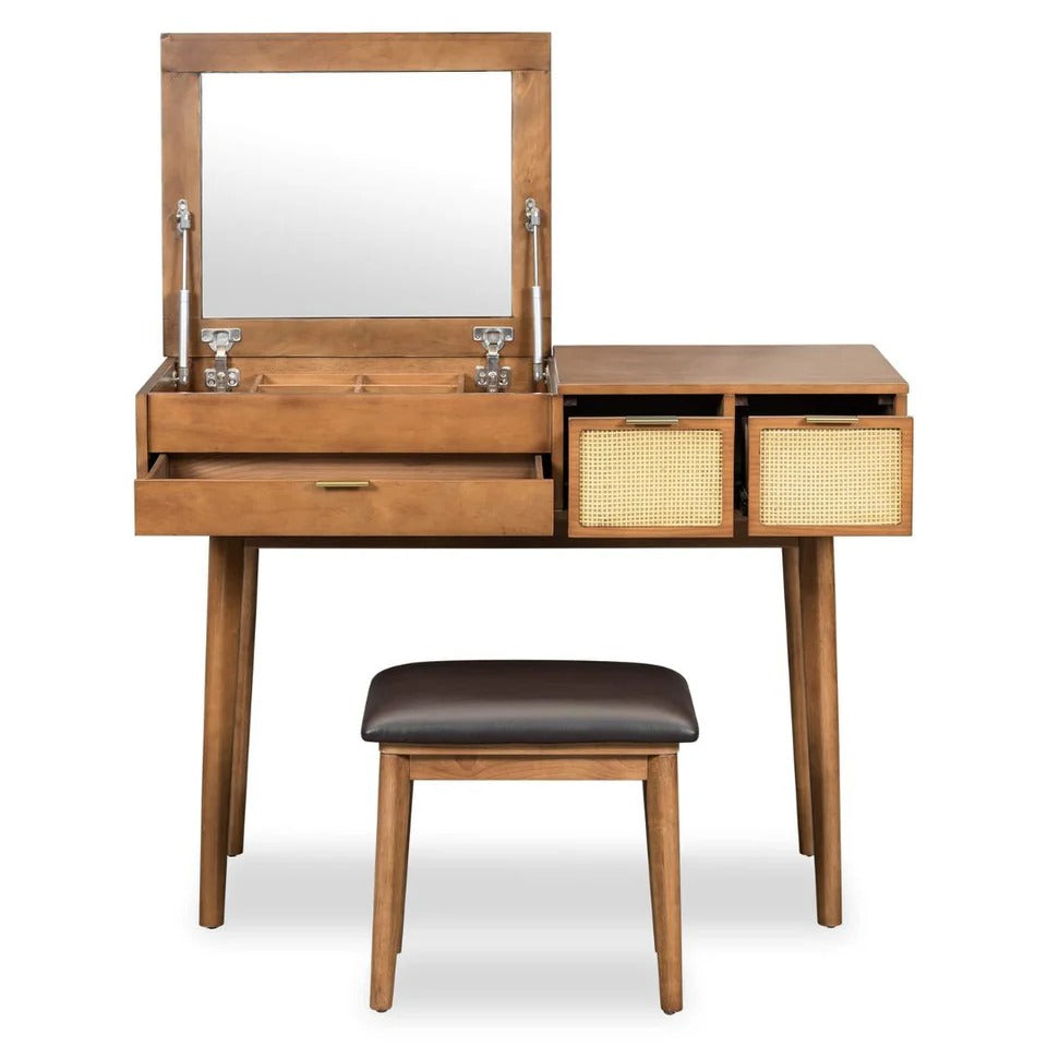 43" Brown Classic Makeup Vanity Set with Flip-Top Mirror & Upholstered Stool