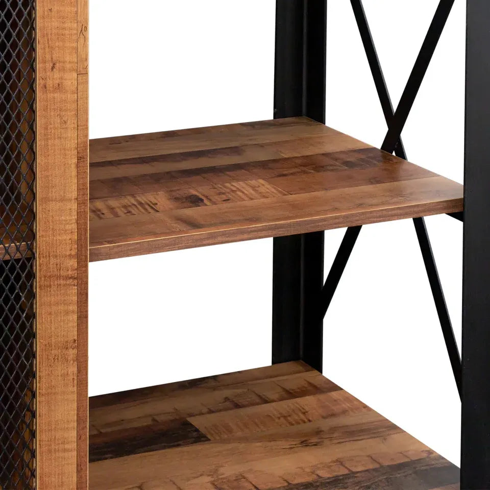 Meuble TV industriel en noyer et métal avec placard à porte grillagée et étagères ouvertes