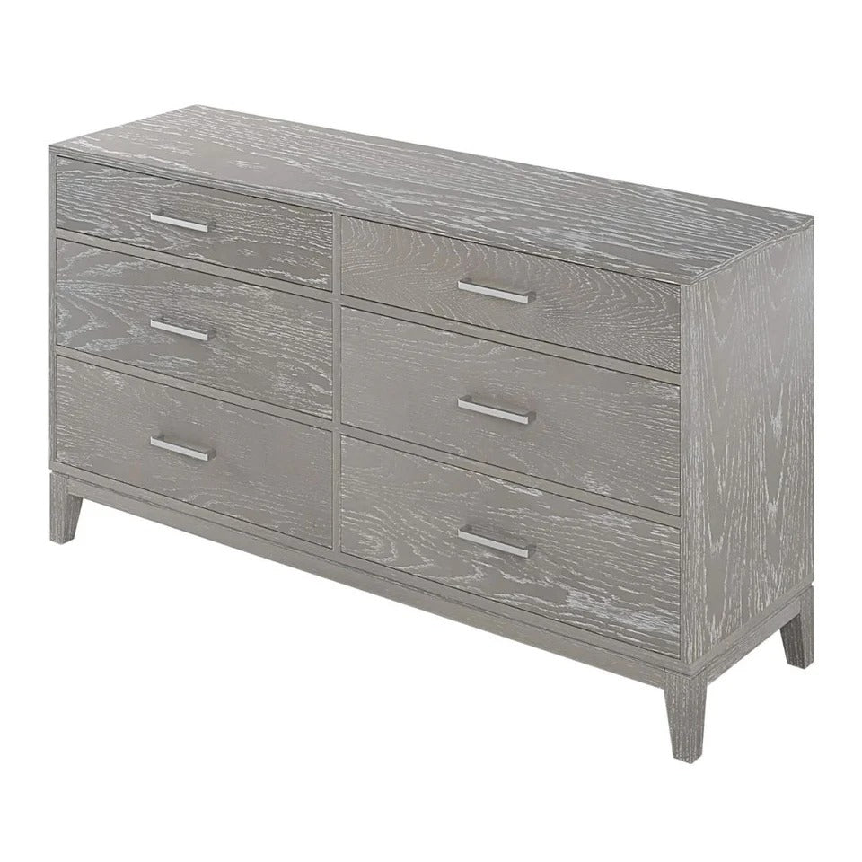 Six-Drawer Gray Wood Dresser with Tapered Legs and Pine Grain Veneer