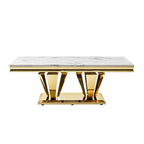 Rechteckiger Couchtisch mit weißer Marmorplatte und doppelten Beinen aus goldfarbenem Edelstahl