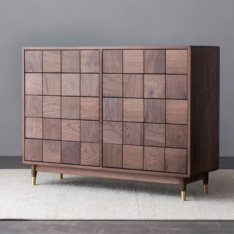 Solid Walnut 10-Drawer Dresser with Geometric Tile Front & Gold-Tone Legs