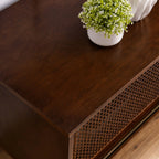 Mid-century modern walnut TV stand with rattan front panel and potted plant - Elirian