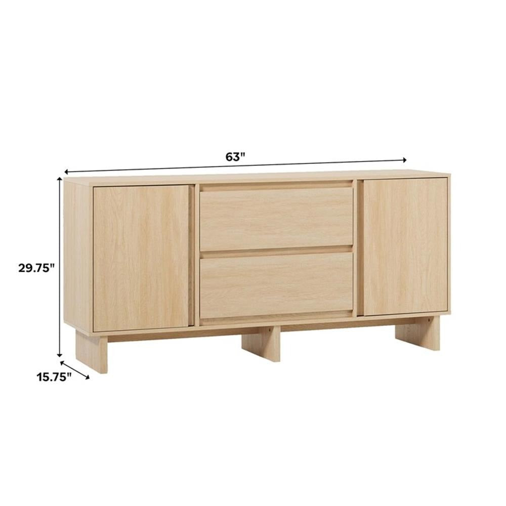 Natural 63" Coastal Oak Sideboard with Beveled Drawers & Cord Cutout