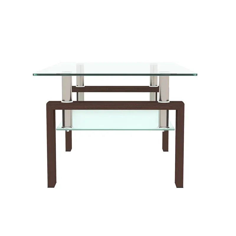 39" Walnut & Glass Rectangular Coffee Table with Lower Shelf