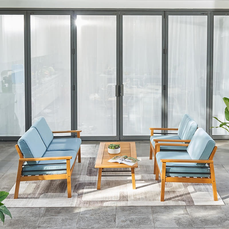 Ensemble de canapés d'extérieur 4 pièces Gloucester aspect teck avec coussins bleus