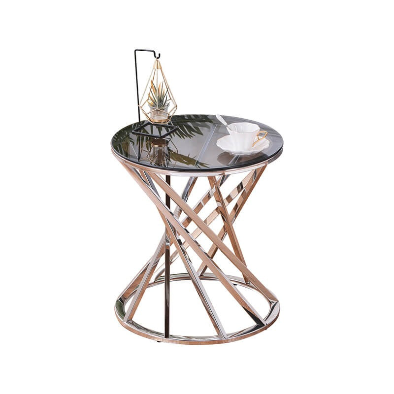 Round Gold Glass Side Table with Spiral Stainless Steel Frame