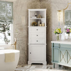 Tall White Bathroom Corner Cabinet with 3 Drawers & Adjustable Shelves