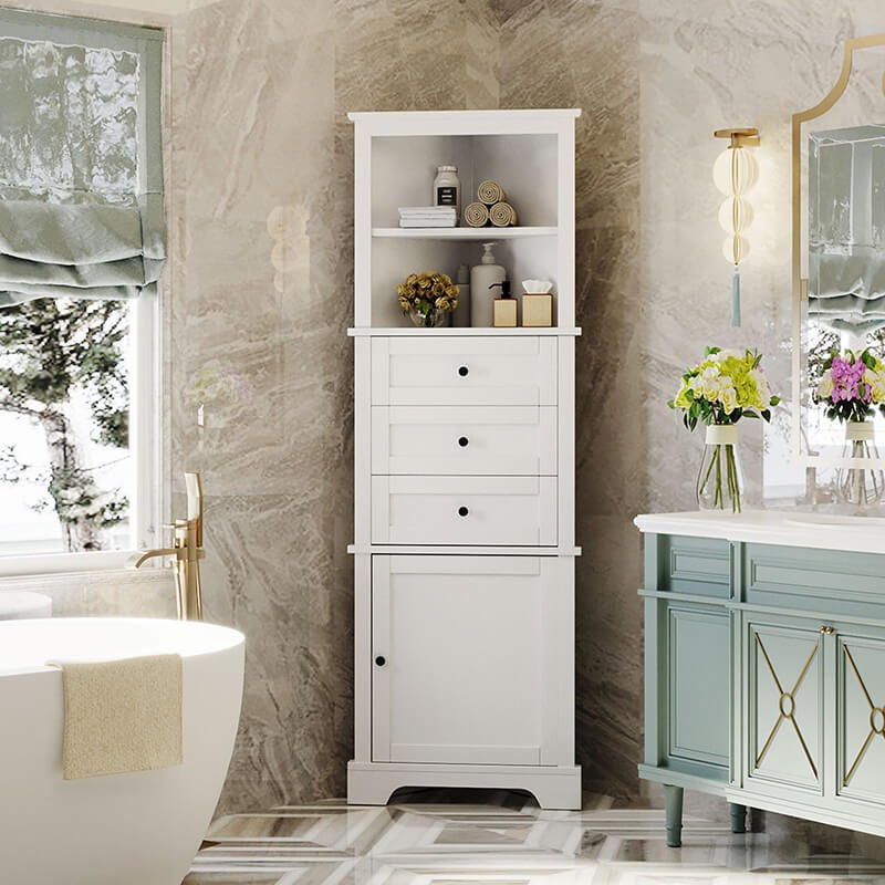 Tall White Bathroom Corner Cabinet with 3 Drawers & Adjustable Shelves