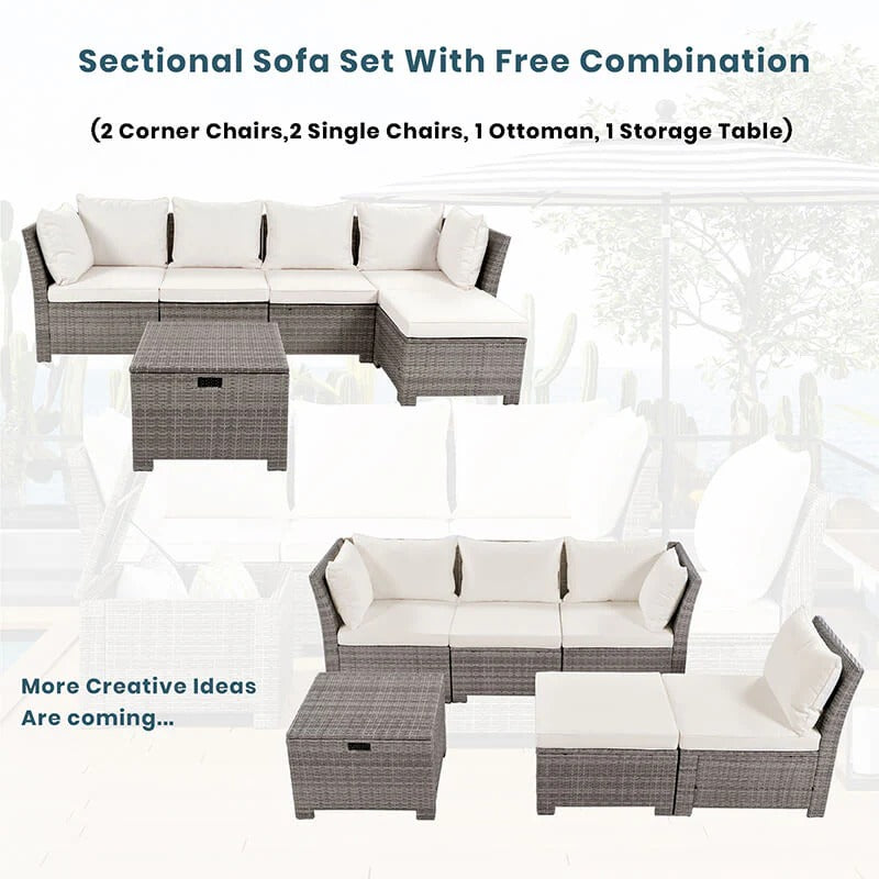 Beige 6-Piece Rattan Outdoor Patio Set with Storage Table, Ottoman & Cushions