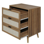 Modern Walnut 3-Drawer Rattan Cabinet with Wood Legs