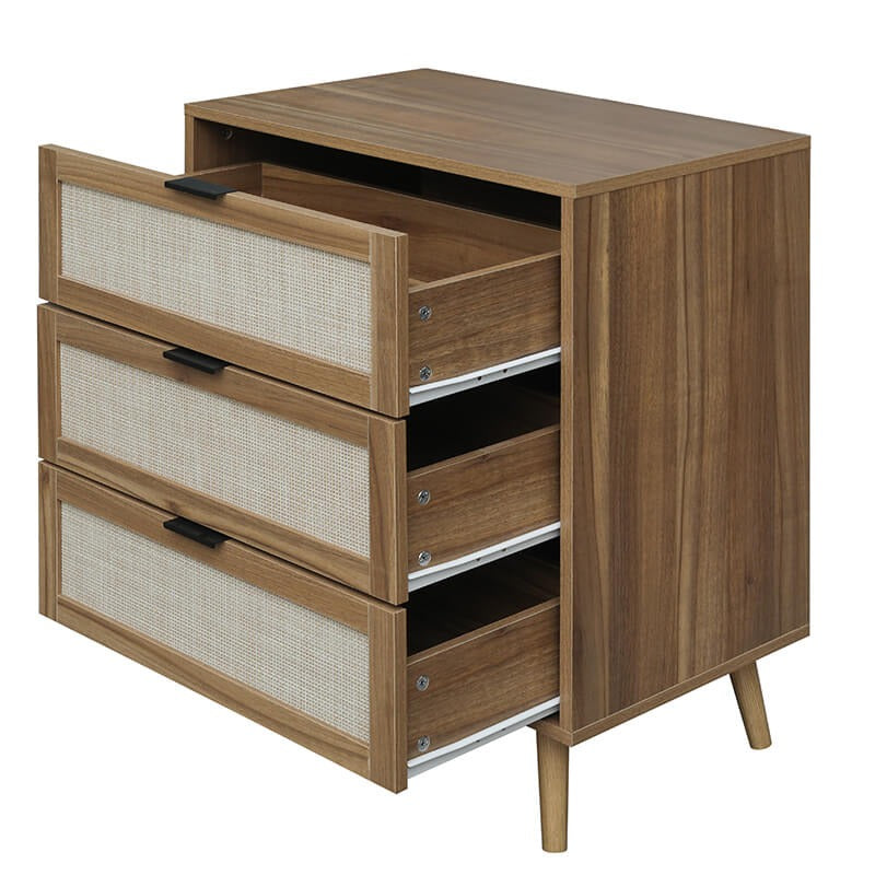 Modern Walnut 3-Drawer Rattan Cabinet with Wood Legs