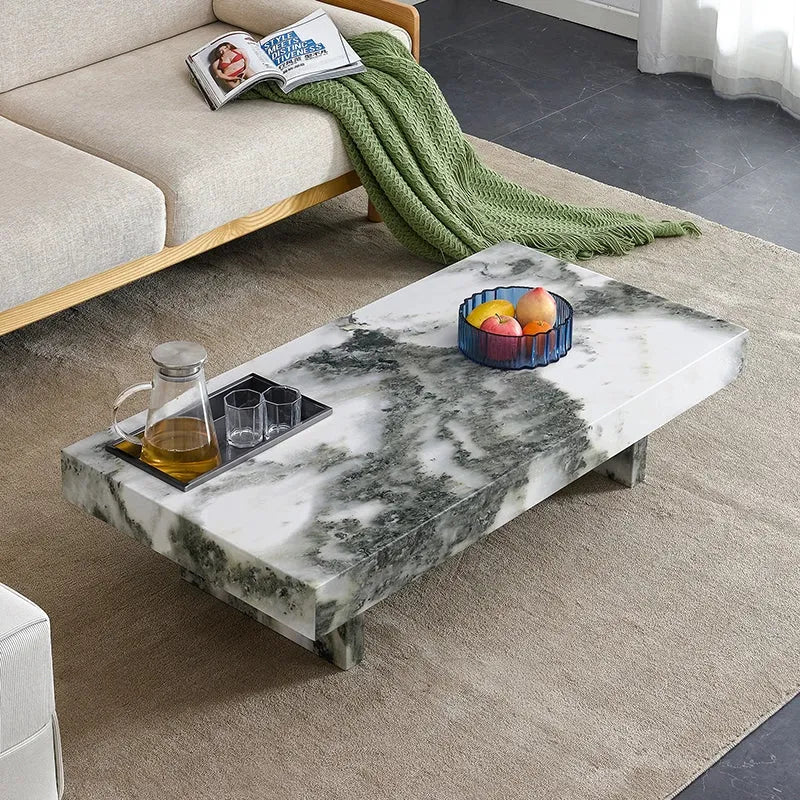 Rectangle Faux Marble Coffee Table with Geometric Pattern in White and Black