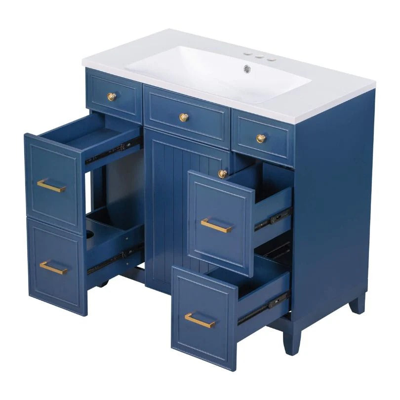 36" Navy Blue Bathroom Vanity with Resin Sink, 6 Drawers & Soft-Close Cabinet