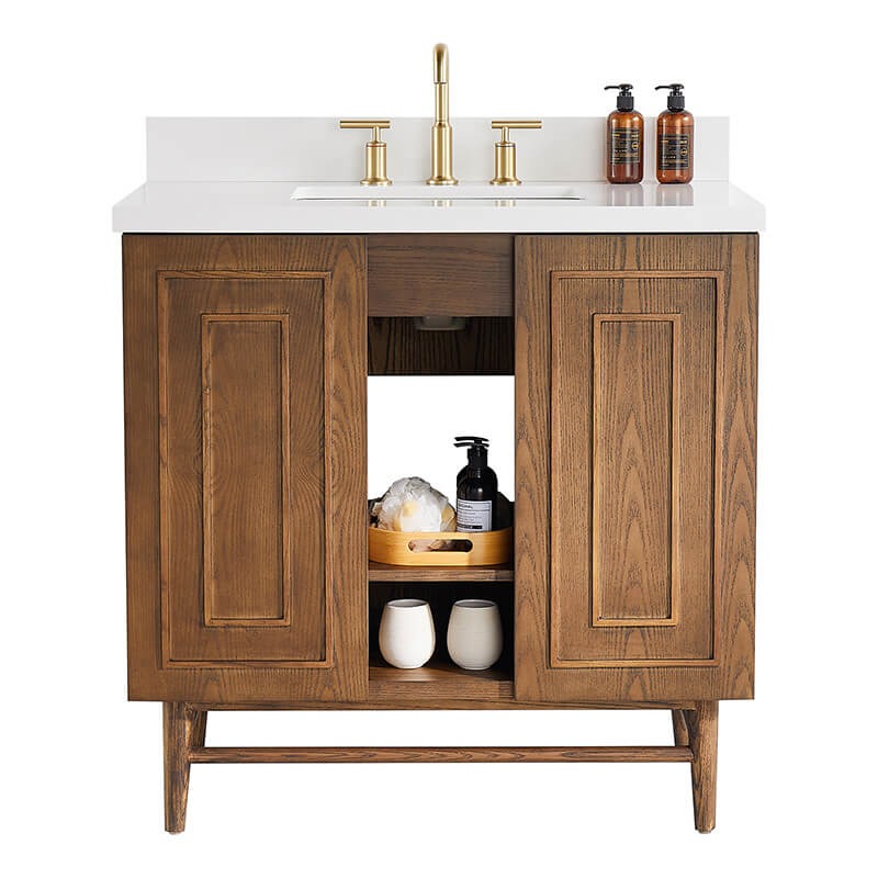 36" Natural Oak Bathroom Vanity with Marble Top & Soft-Close Doors