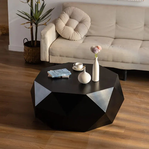 38" Black Geometric Coffee Table with 3D Embossed Surface