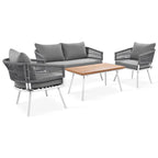 4-Piece Grey Woven Rope Outdoor Lounge Set with Acacia Wood Coffee Table